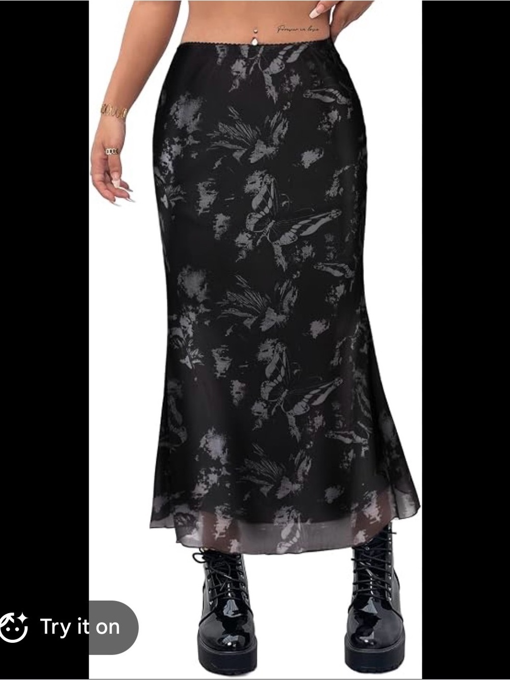 90’s Y2K Women’s Mesh Lined Midi Skirt Black Butterfly Whimsigoth Grunge Jrs XS